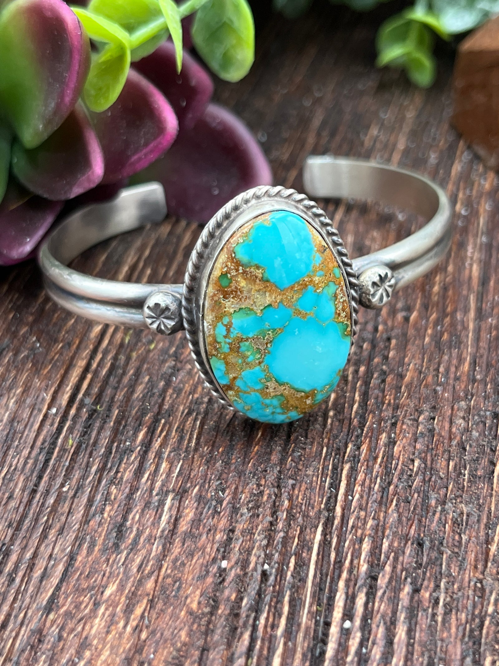 April Single Stone Turquoise Sterling Cuff With Burst Detail