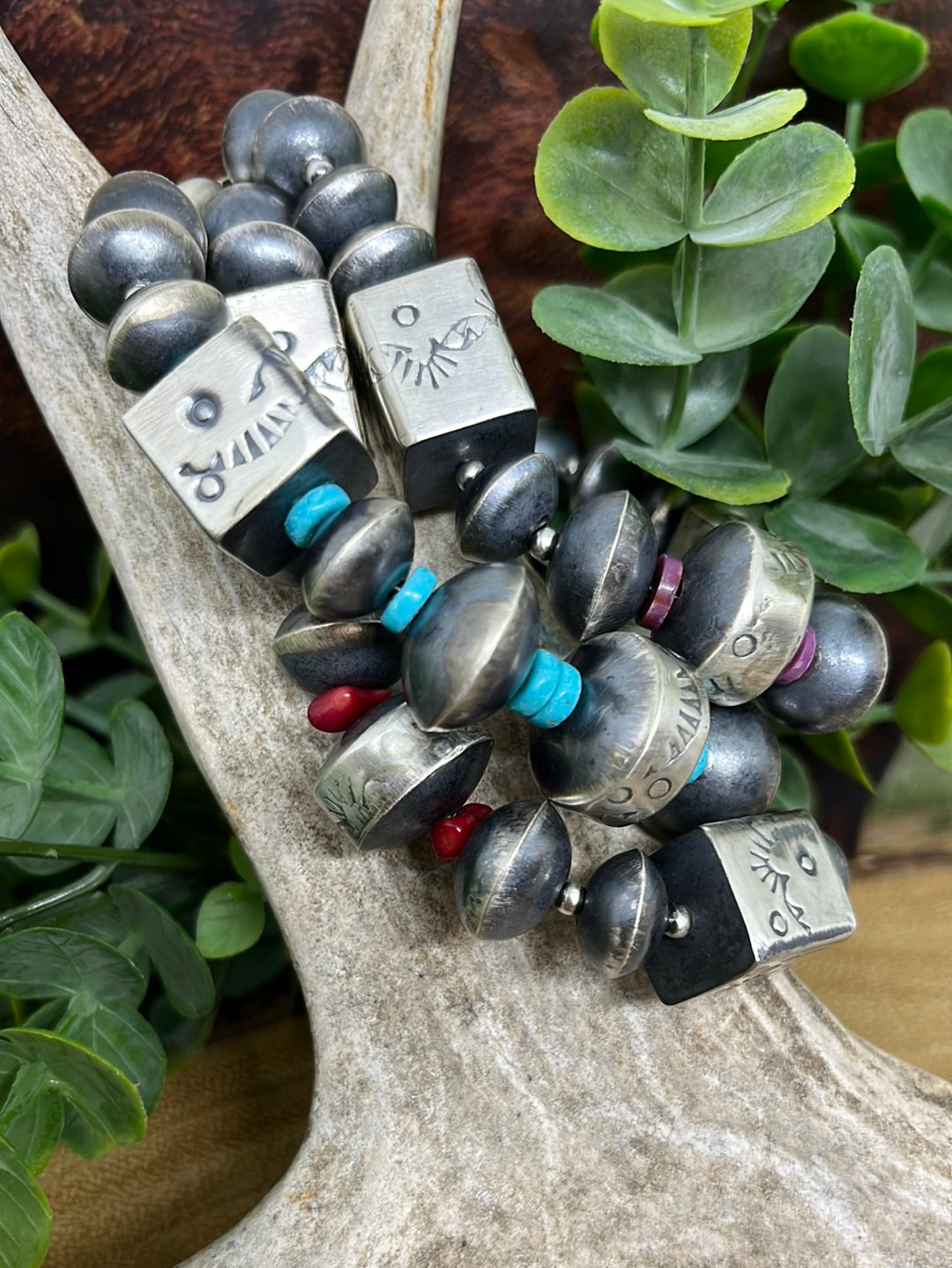 Newberry Sterling Stamped Large Bead Cylinder, Rectangle & Saucer Bracelet