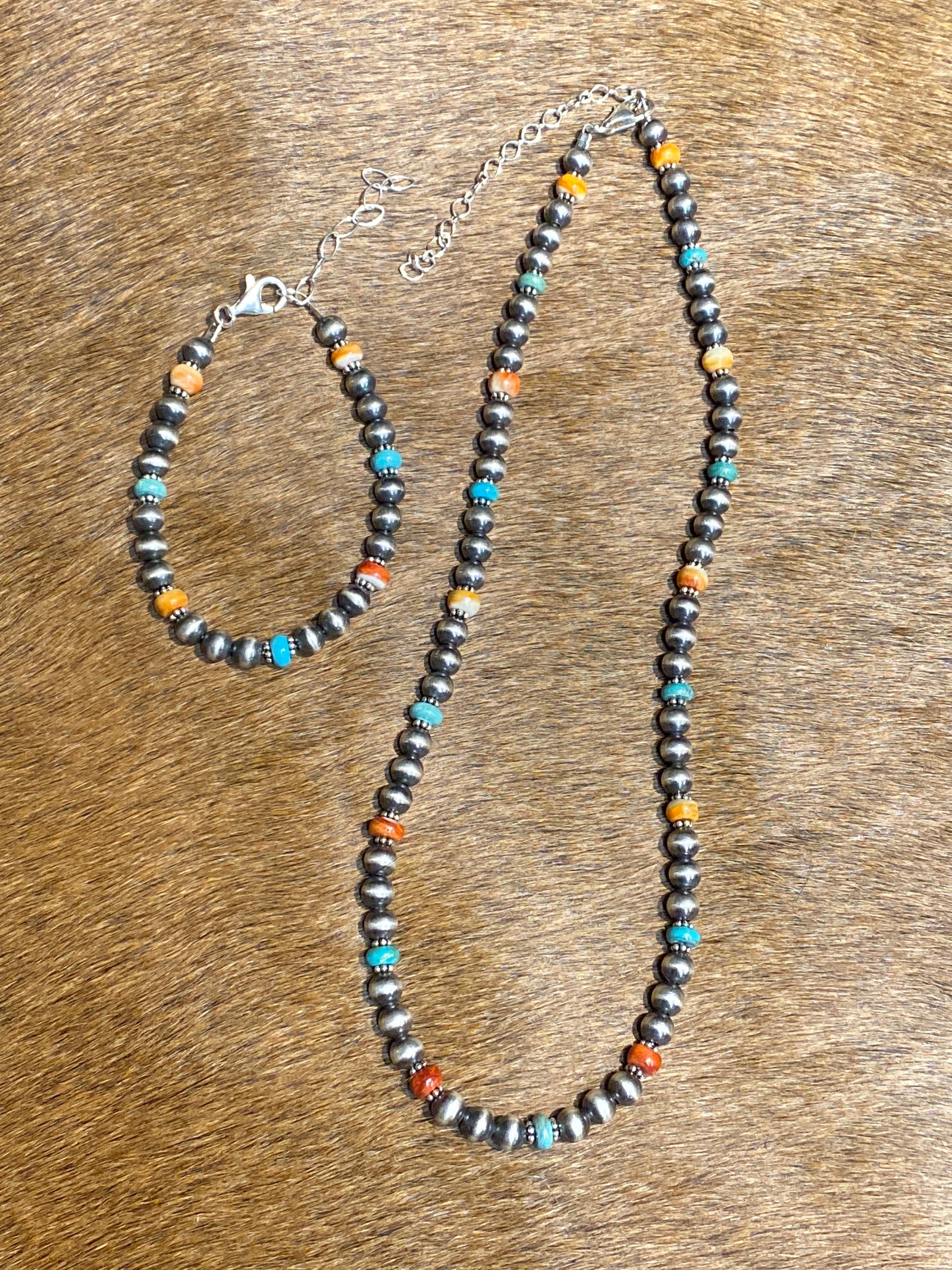 Post Falls 6mm Navajo Pearl, Turquoise & Spiny Bead Necklace or Bracelet
