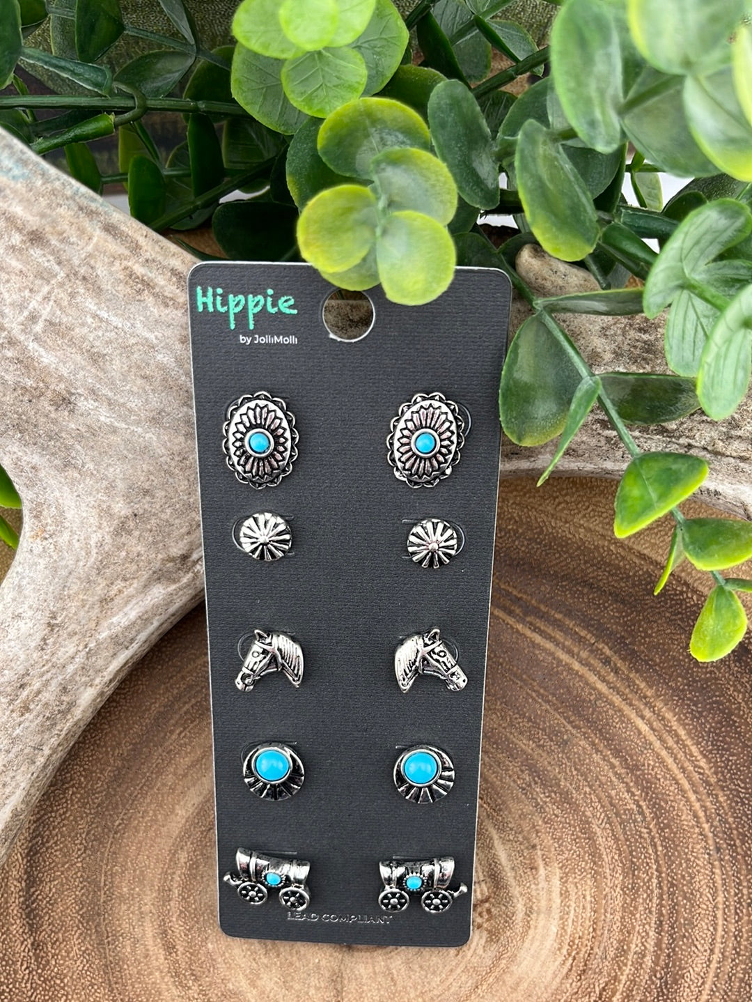 Out West Horse & Wagon Themed Turquoise Stud Earring Set - 5 pairs