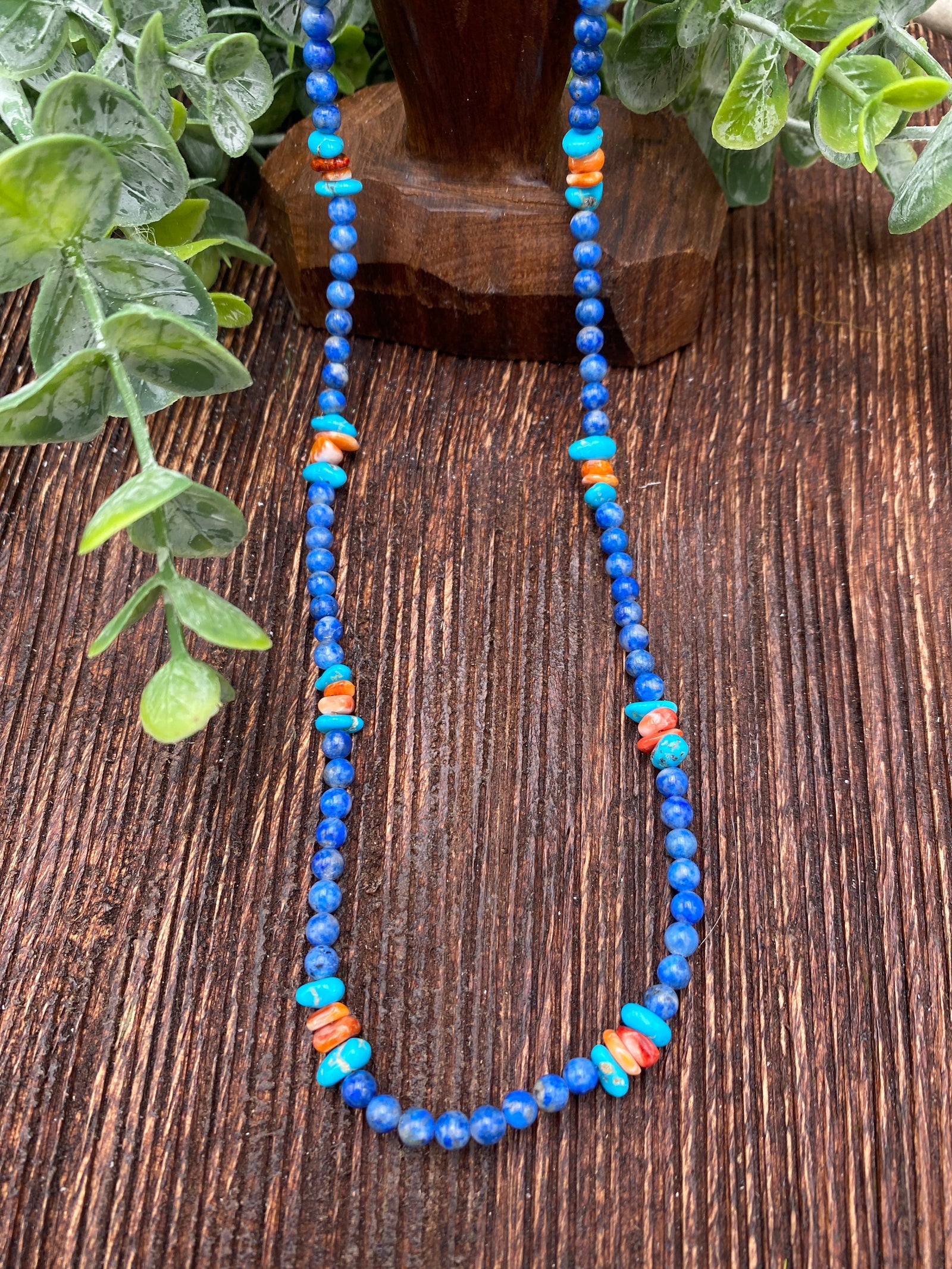 Sweet Home Denim Lapis Necklace With Turquoise & Orange Spiny - 18"