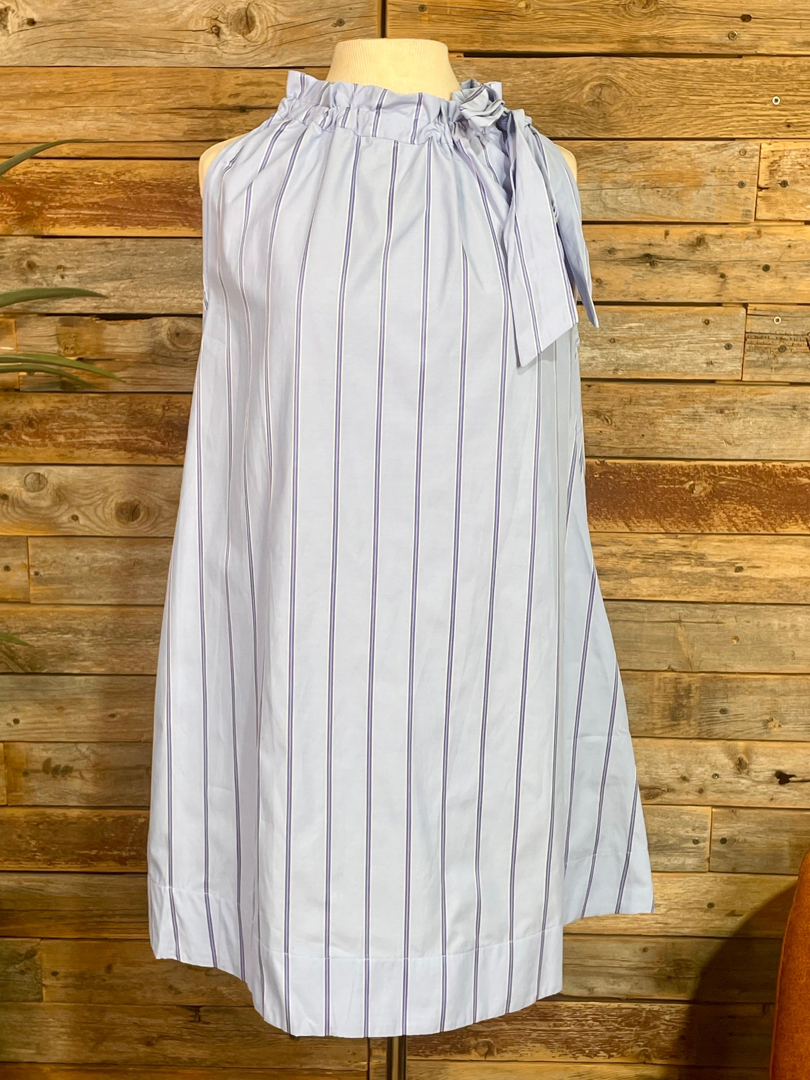 Casey Blue Striped Neck Tie Sleeveless Mini Dress