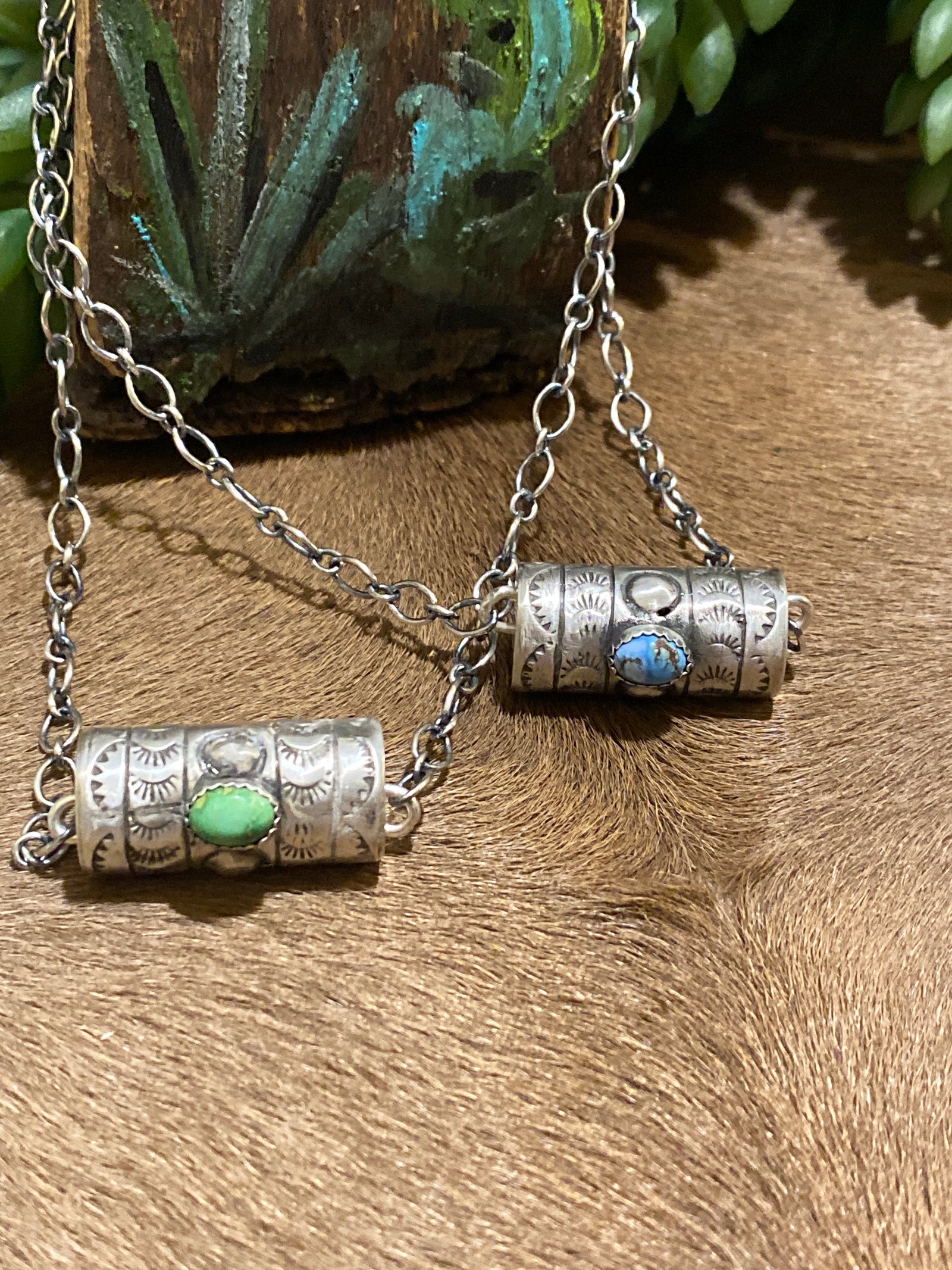 Baroch Sterling Necklace With Stamped Cylinder Bead & Stone - 18"