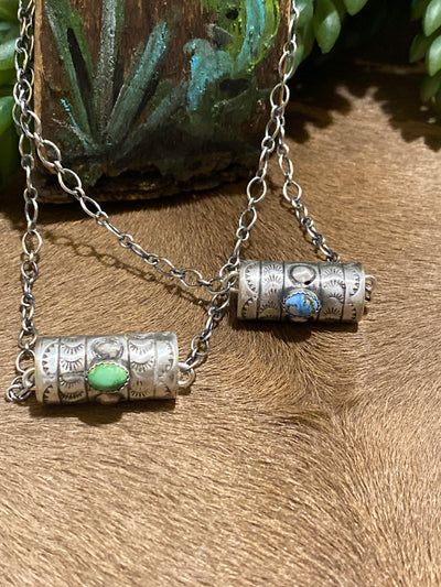 Baroch Sterling Necklace With Stamped Cylinder Bead & Stone - 18"