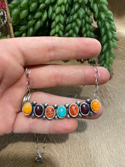 Alita Sterling Chain With 7 Stone Turquoise & Spiny Curved Pendant - 20"