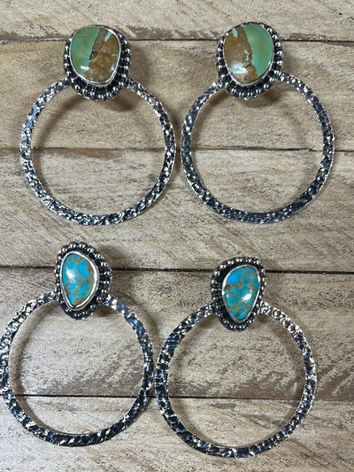 Hammered Silver Turquoise Hoop Earrings