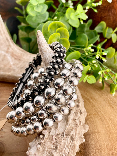 Preston Studded Silver Bead Stackable Fashion Bracelet Set - Silver