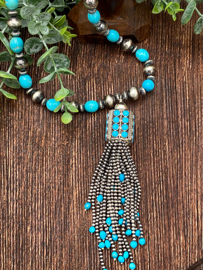 Hepburn Stunning Silver & Turquoise Tassel Necklace - 26"