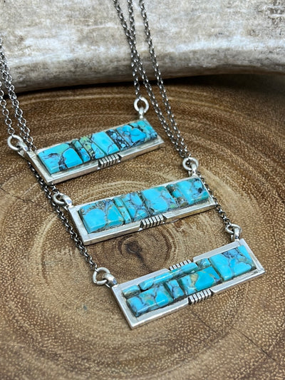 Riverdale Sterling Link Chain With Raised Kingman Turquoise Bar Pendant - 16"