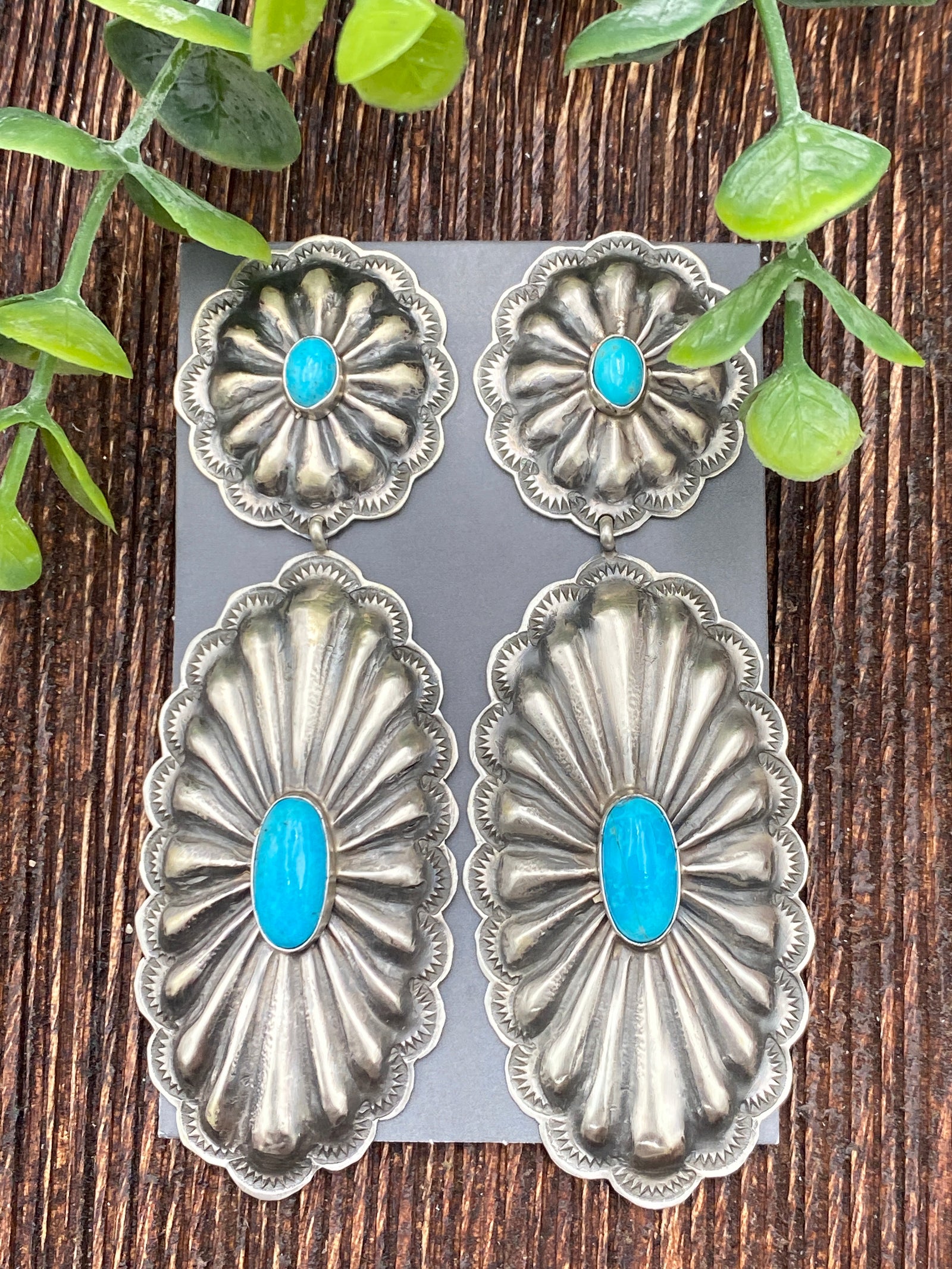 Abyss Sterling Long Double Concho Earrings - Turquoise