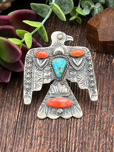 Dixon Turquoise & Coral Stamped Thunderbird Ring or Pendant