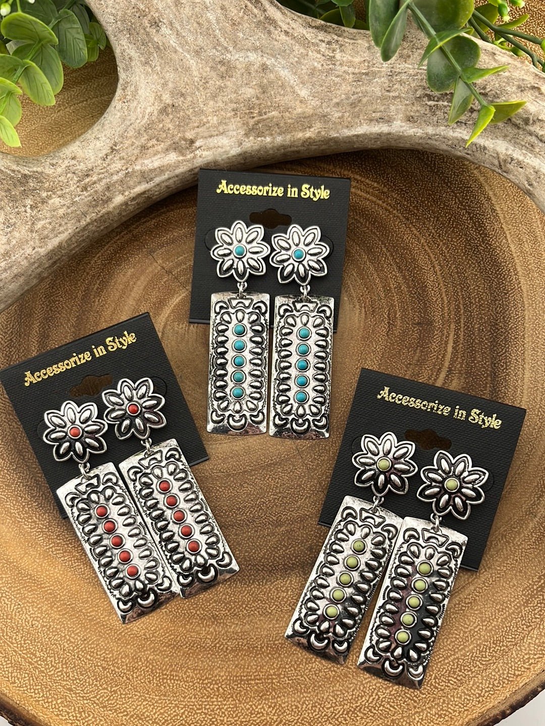 Hedera Fashion Concho Post Rectangle Drop Earrings With Stone Accents