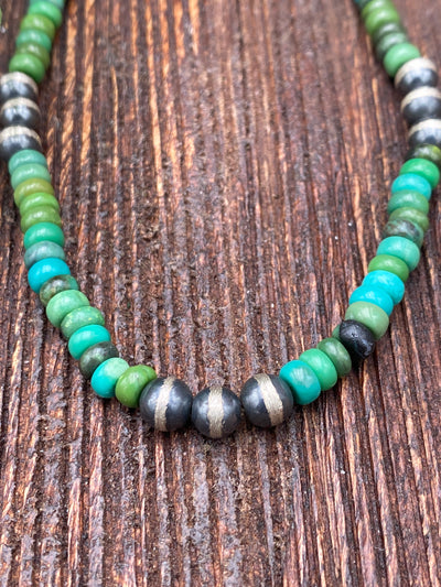 Bombay Green Turquoise Bead Necklace With 6mm Navajo Pearl Accents - 18"