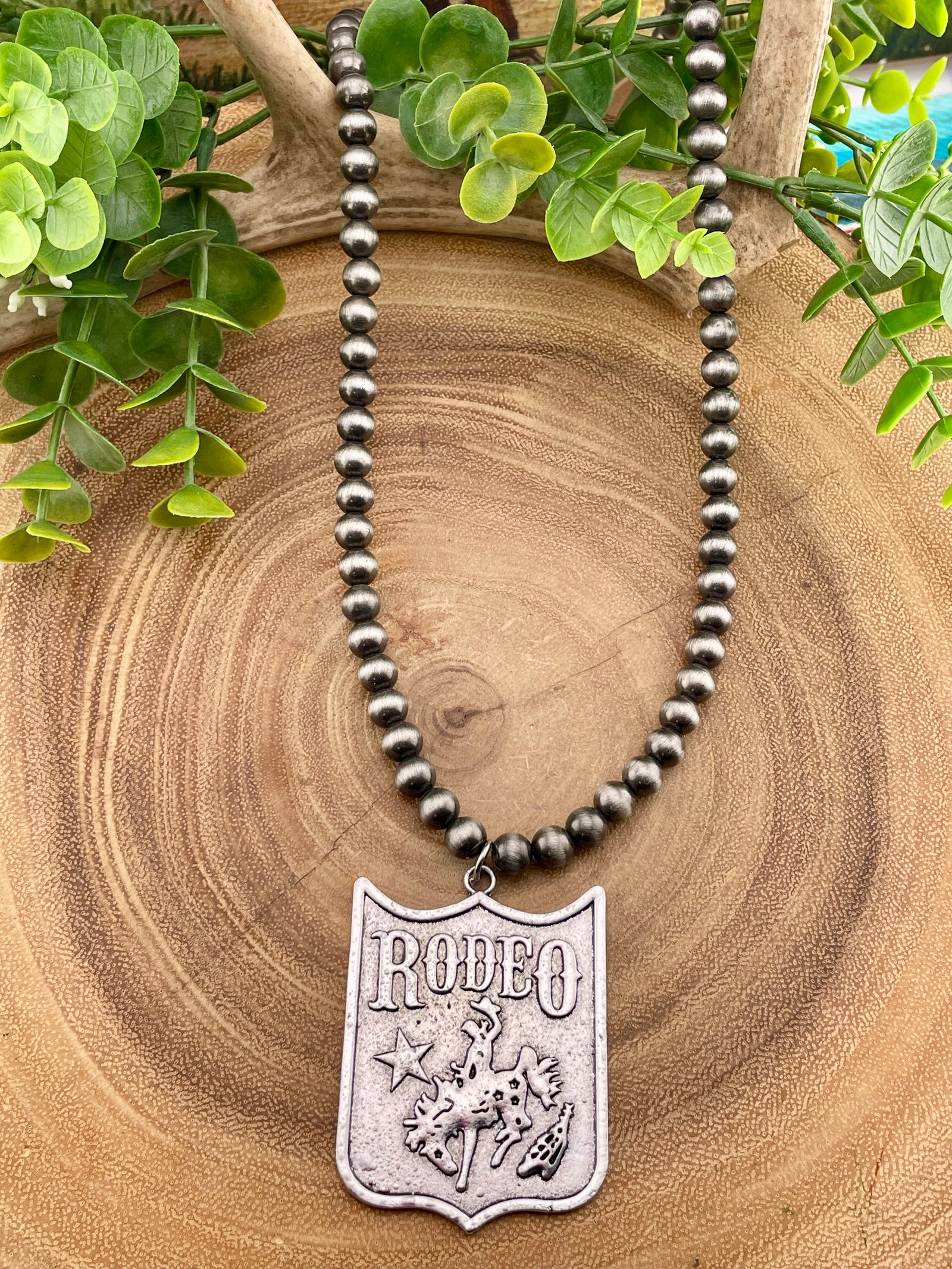 Madison 8mm Silver Bead Necklace With Rodeo Pendant - 24"