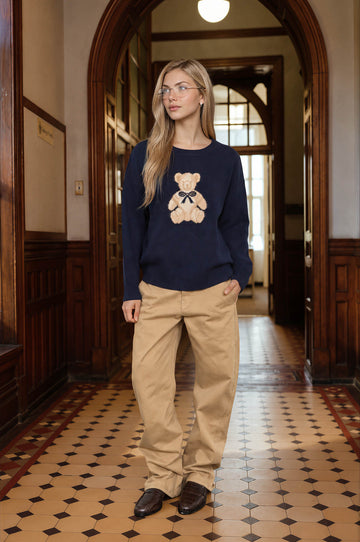 TEDDY JACQUARD CREW NECK KNIT PULLOVER SWEATER