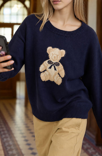 TEDDY JACQUARD CREW NECK KNIT PULLOVER SWEATER