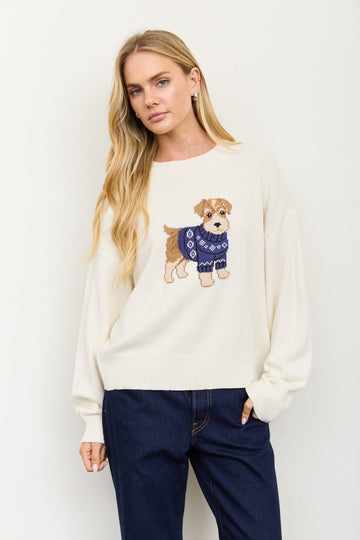 PUPPY JACQUARD LONG SLEEVE KNIT PULLOVER SWEATER