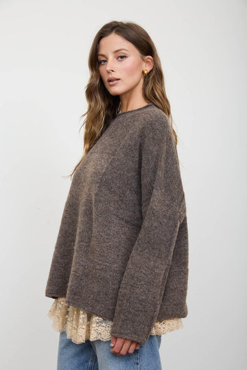 HEATHERED CHECKERED TEXTURE LONG SLEEVE SWEATER