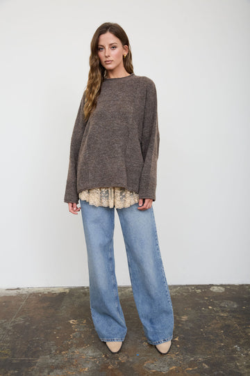 HEATHERED CHECKERED TEXTURE LONG SLEEVE SWEATER