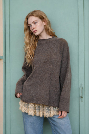 HEATHERED CHECKERED TEXTURE LONG SLEEVE SWEATER