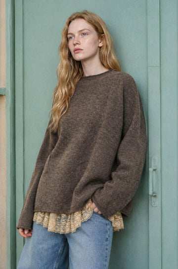 HEATHERED CHECKERED TEXTURE LONG SLEEVE SWEATER