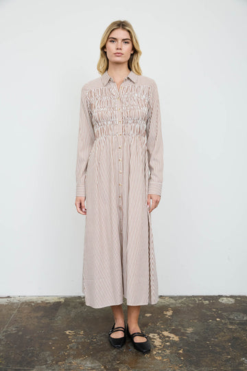 STRIPE SHIRRED COLLARED LONG SLEEVE SHIRT DRESS