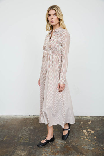 STRIPE SHIRRED COLLARED LONG SLEEVE SHIRT DRESS