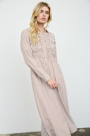STRIPE SHIRRED COLLARED LONG SLEEVE SHIRT DRESS
