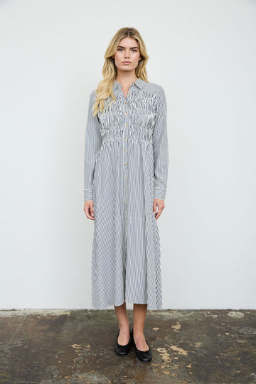 STRIPE SHIRRED COLLARED LONG SLEEVE SHIRT DRESS