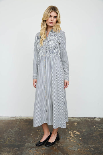 STRIPE SHIRRED COLLARED LONG SLEEVE SHIRT DRESS