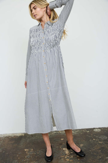 STRIPE SHIRRED COLLARED LONG SLEEVE SHIRT DRESS