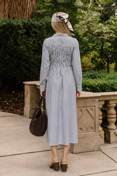 STRIPE SHIRRED COLLARED LONG SLEEVE SHIRT DRESS