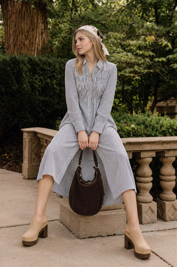 STRIPE SHIRRED COLLARED LONG SLEEVE SHIRT DRESS
