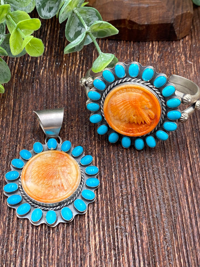 Hoverson Stamped Orange Spiny Chief Turquoise Surround Pendant Or Cuff