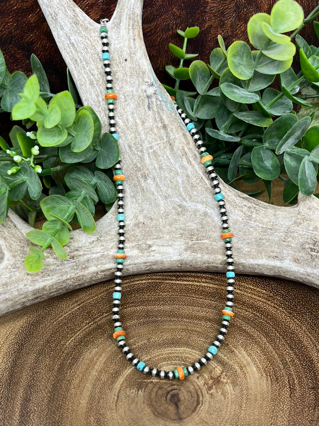Indy 4mm Navajo Necklace With Even Turquoise & Orange Spiny Beads - 16"