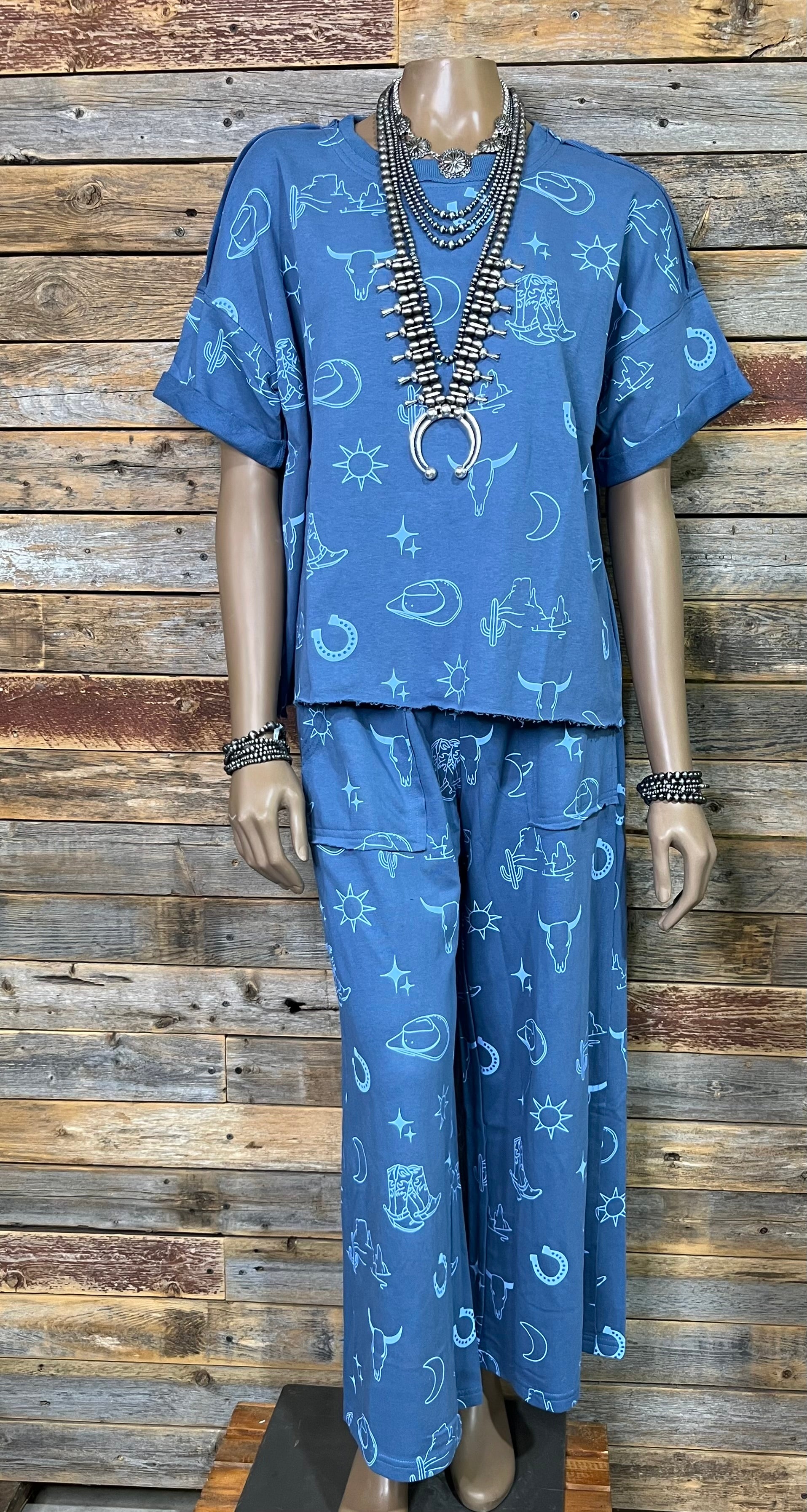 Western Graphic Short Sleeve  French Terry Top & Pant Set