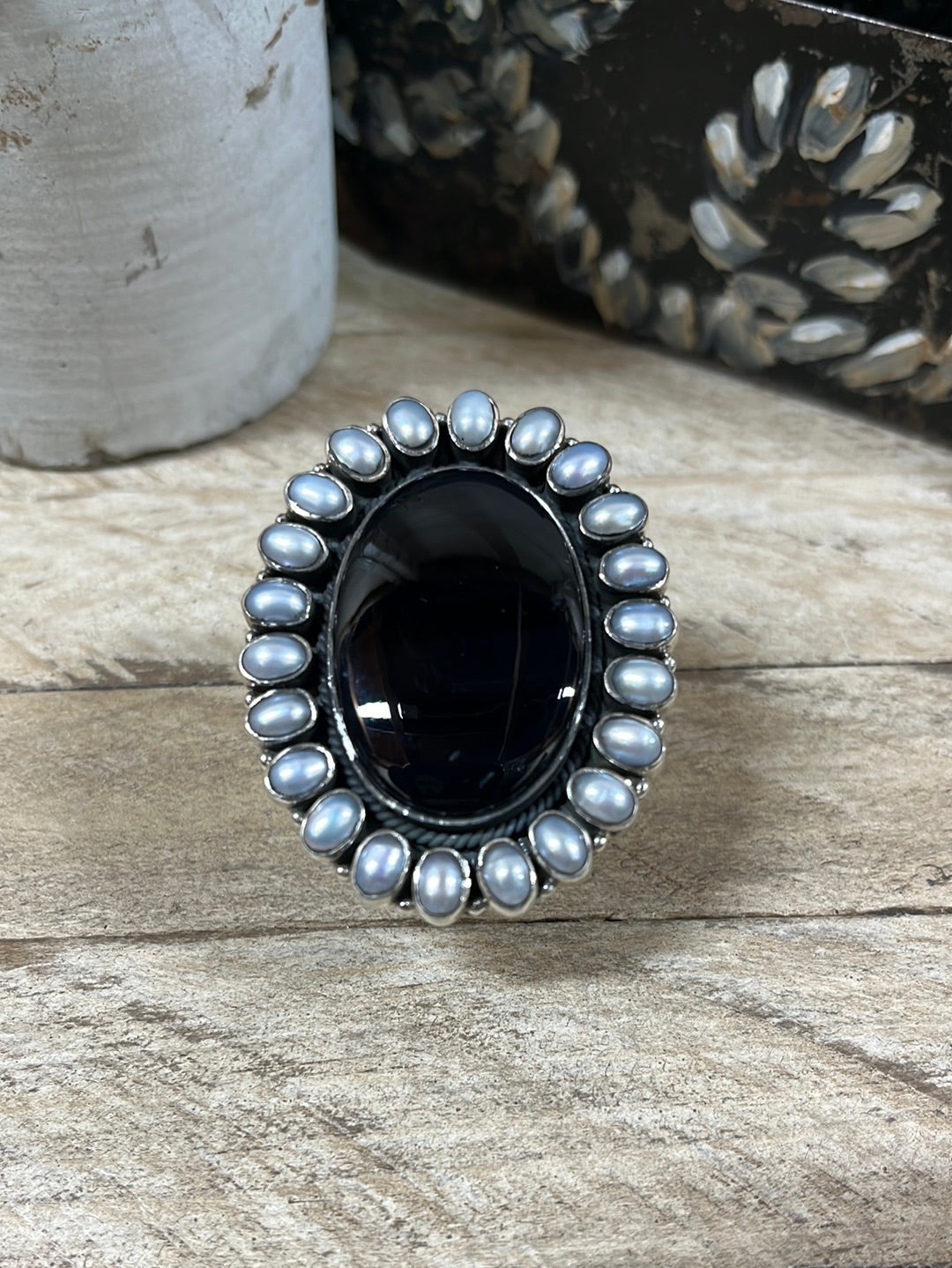 Black Onyx & Pearl Adjustable Ring