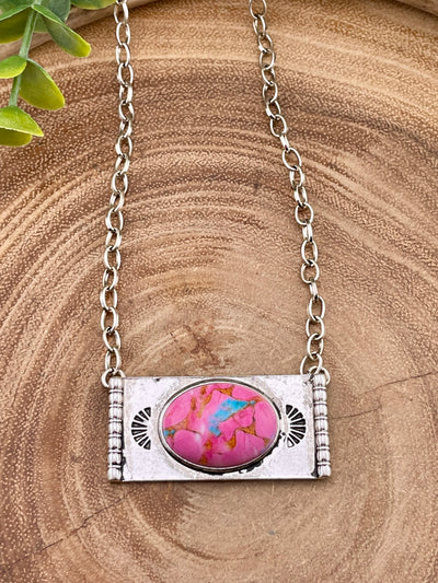 Clipster Fashion Necklace With Silver Bar Oval Stone Pendant