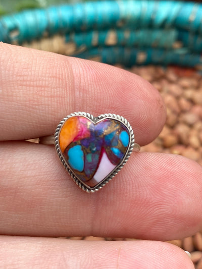 London Roped Sterling Turquoise Spiny Mix Heart Ring - Size 8