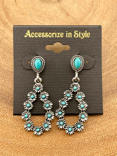 Pair of silver earrings with turquoise stones on a 'Accessorize in Style' card.