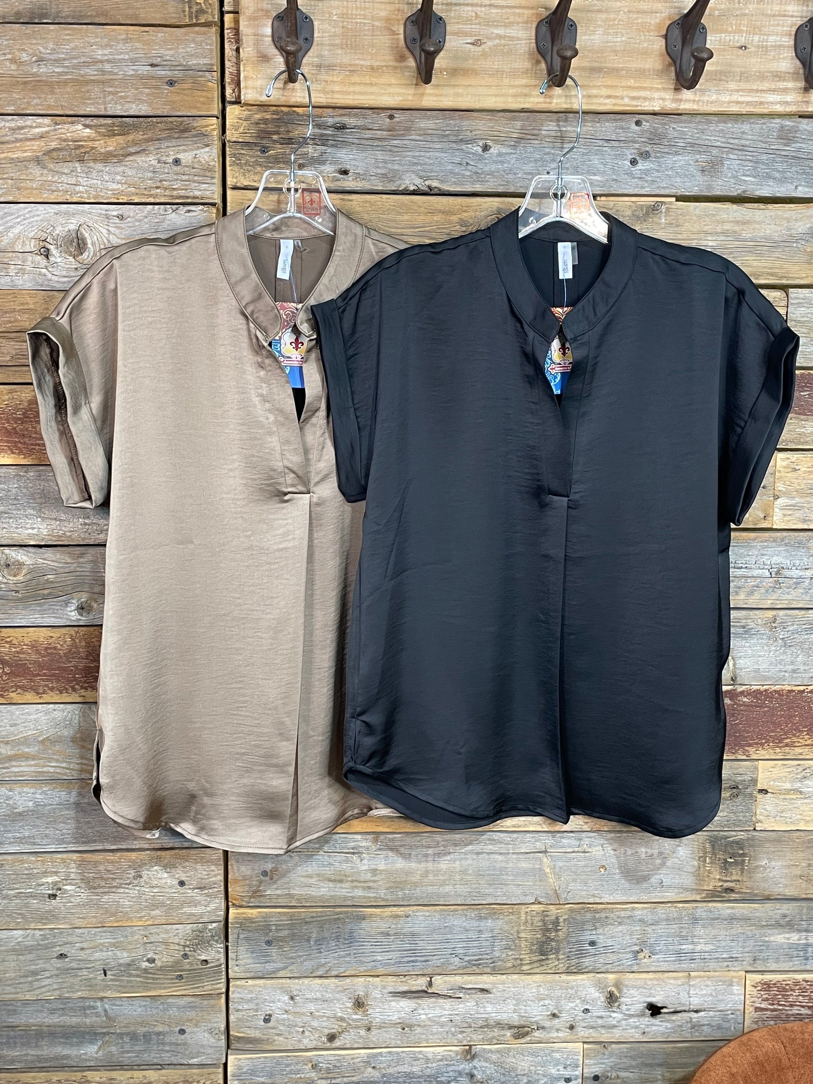 Caplan Satin V Neck Short Sleeve Blouse