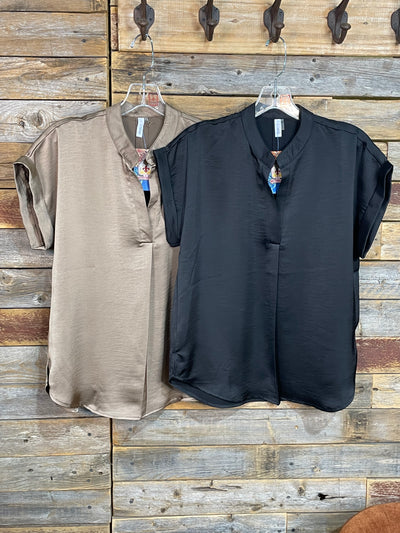 Caplan Satin V Neck Short Sleeve Blouse