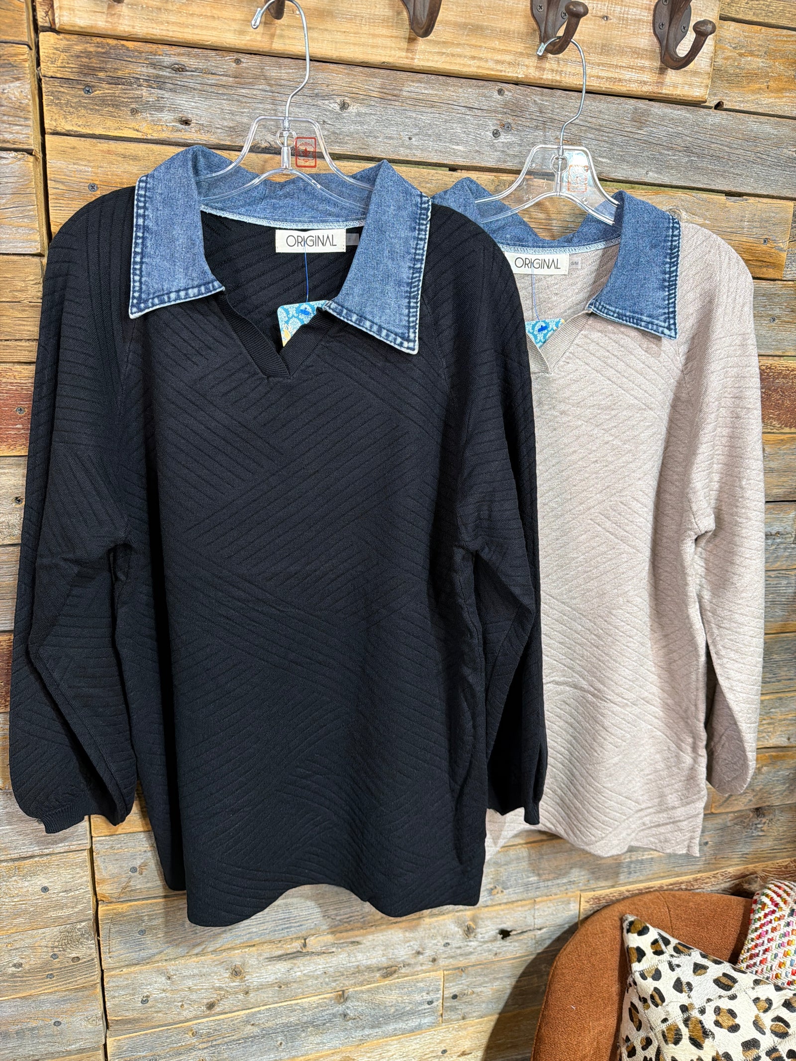 Khaki Chevron Texture Denim Collar Polo or Pants
