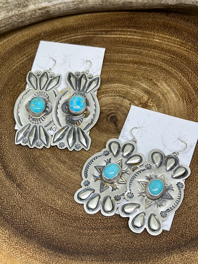 Cade Stamped Shield Sterling Earrings With Turquoise Center