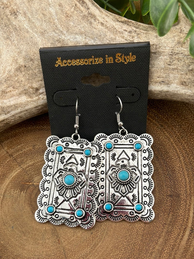 Skimmer Fashion Thunderbird Stamped Rectangle Concho Earrings