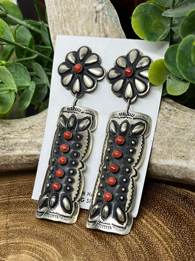 Daisy Double Concho Floral Post Rectangle Drop Earrings - Coral