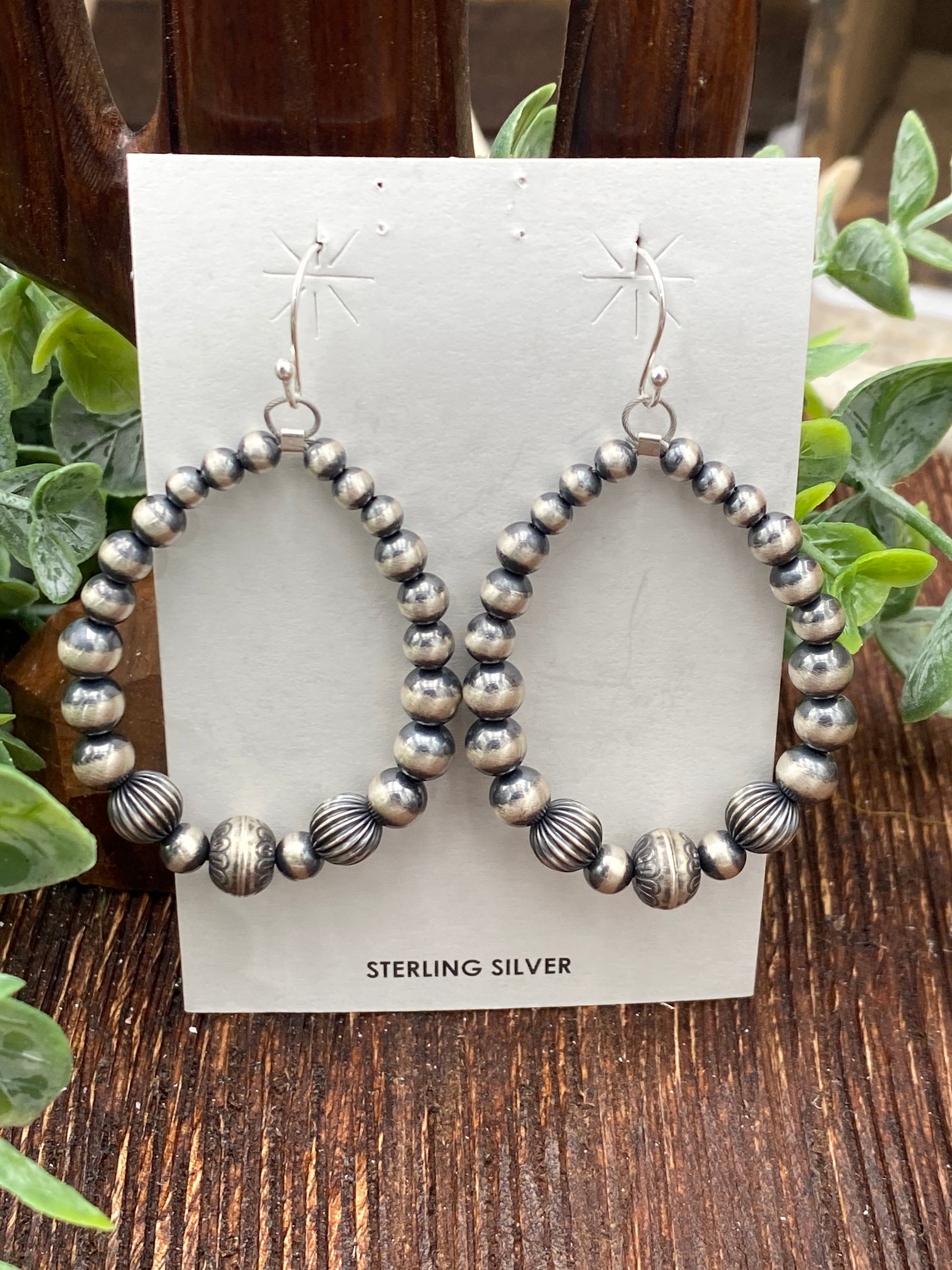 Betsy Varied Navajo Hoop Earrings with 3 Stamped Beads - 2.4"