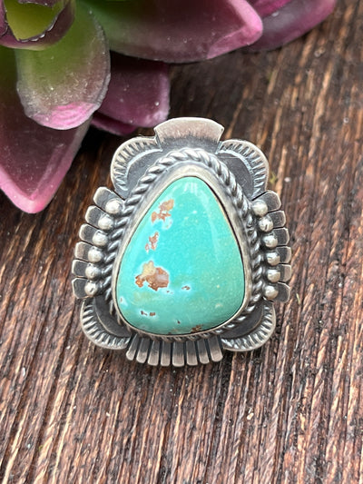 Sheffield Sterling Notch Stamped Turquoise Teardrop Ring - Size 9