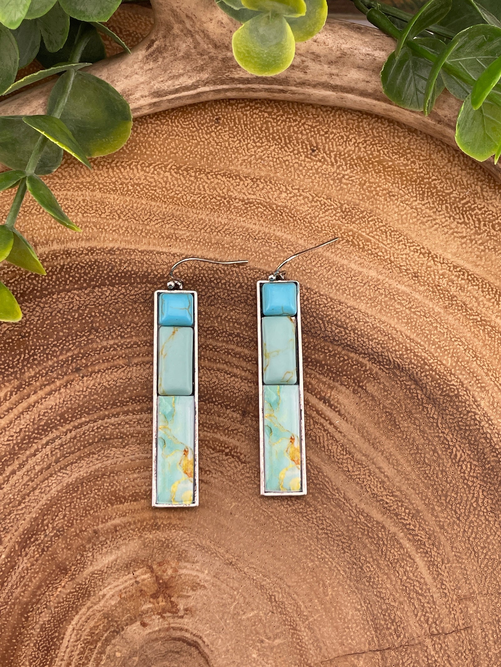 Marion Inlaid Turquoise Bar Earrings - 2.5"