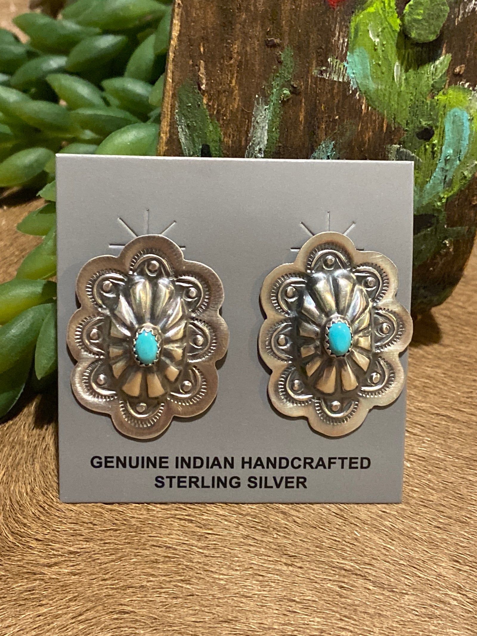 Talbert Oval Scalloped Concho Earring With Center Turquoise